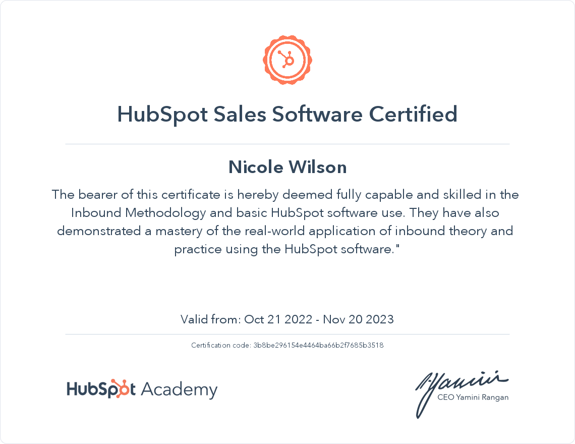 Nicole W_HubSpot Sales Software Certification