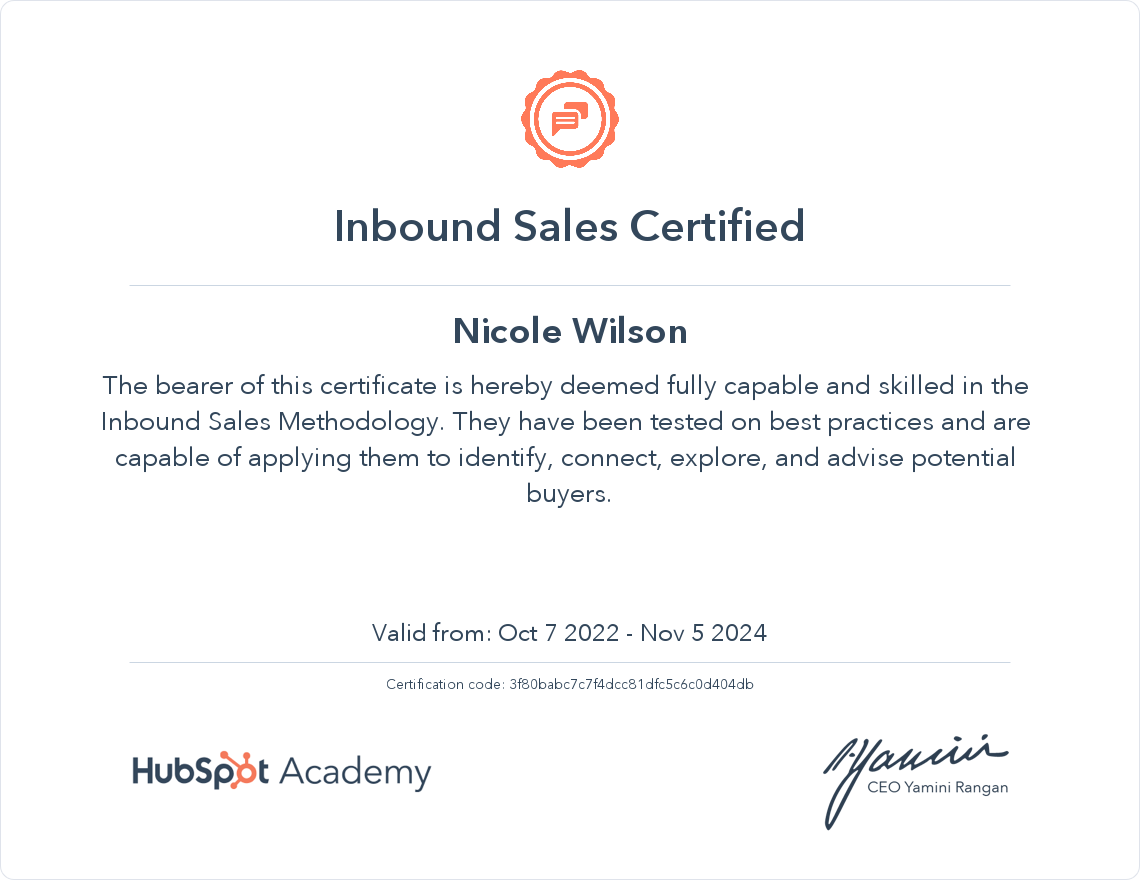 Nicole W_Inbound Sales Certification